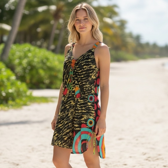 Y2K Colorful Patterned Dress with Pockets Beach Dress Funky Polka Dot - Picture 6 of 12